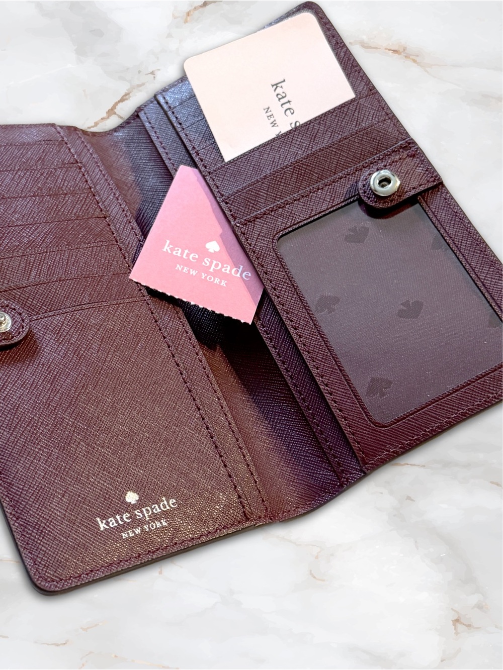 Kate Spade Grey Pebbled Large Slim Wallet with Burgundy Interor EUC with Tags - Picture 12 of 16